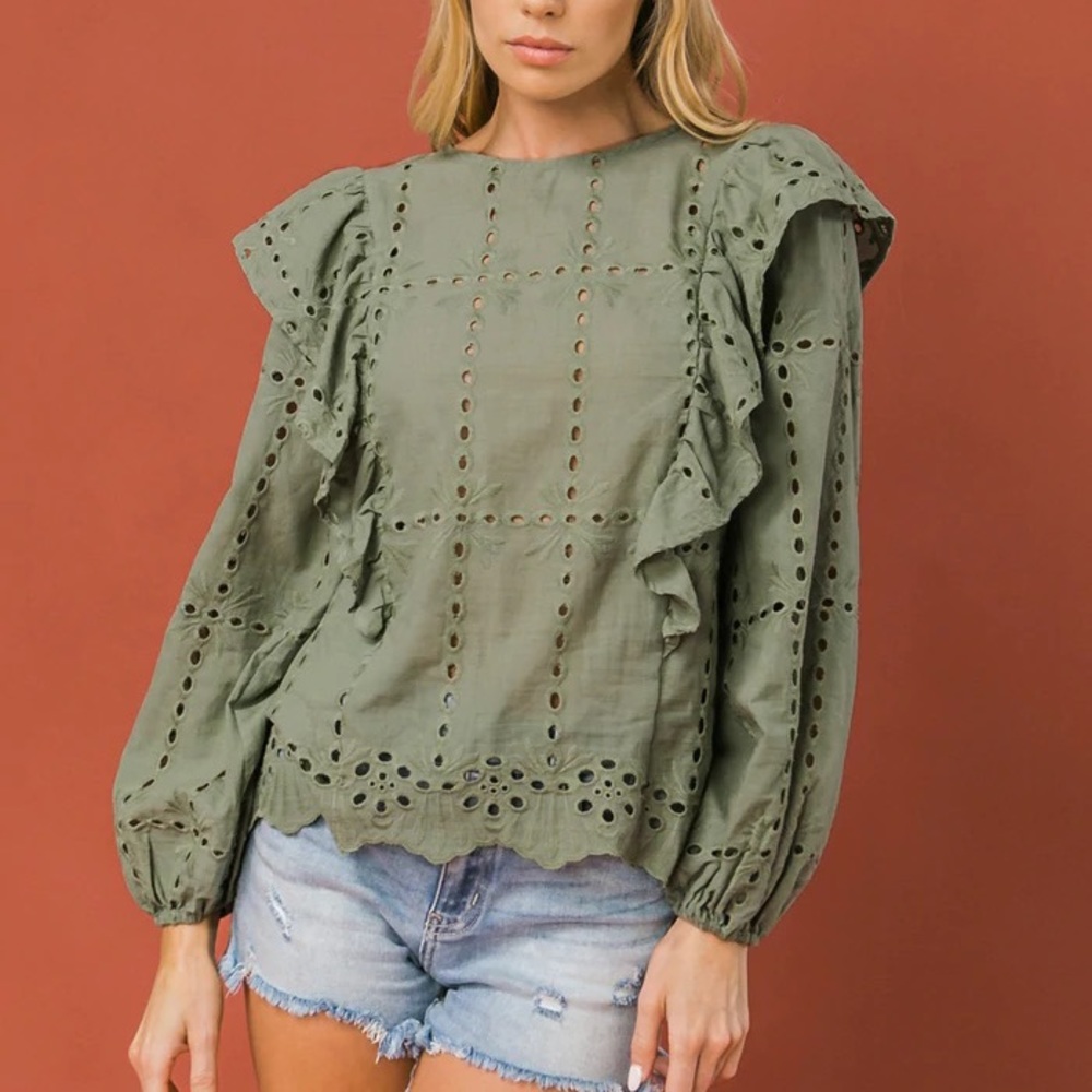 Flying Tomato Green Long Sleeve Woven Eyelet Top Boho Cottagecore Various Sizes